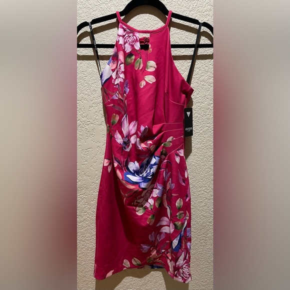 NWT Guess Pink Floral Print Scuba Crepe Dress Side Ruched Stretchy Size 2 - Picture 4 of 14